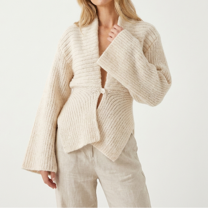 Women's Shawl Cardigan – Fluffy Knit Bell Sleeve Single Button Crop
