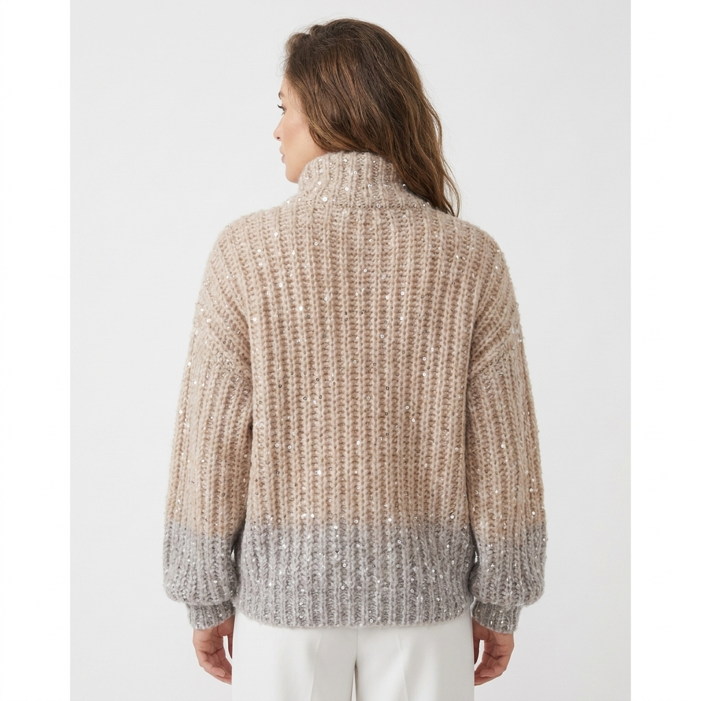 Women's Oversized Cardigan – Chunky Knit Sequin Zip-Up Funnel Neck