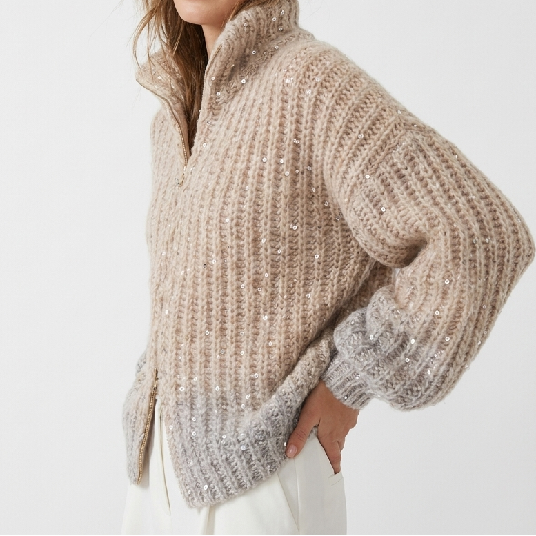 Women's Oversized Cardigan – Chunky Knit Sequin Zip-Up Funnel Neck