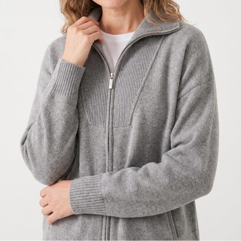 Women's Zip-Up Knit Jacket – Brushed Knit Ribbed Yoke Funnel Neck