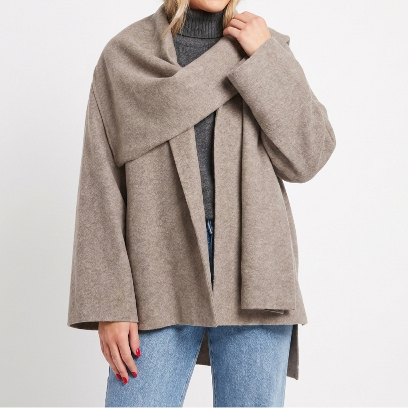 Women's Cape Jacket – Wool-Look Attached Scarf Wrap Open Front