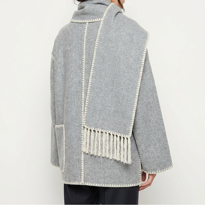 Women's Blanket Coat – Wool-Look Contrast Stitch Attached Scarf Tassel
