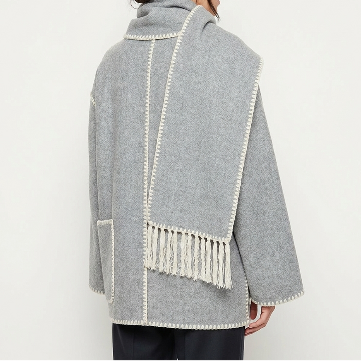 Women's Blanket Coat – Wool-Look Contrast Stitch Attached Scarf Tassel