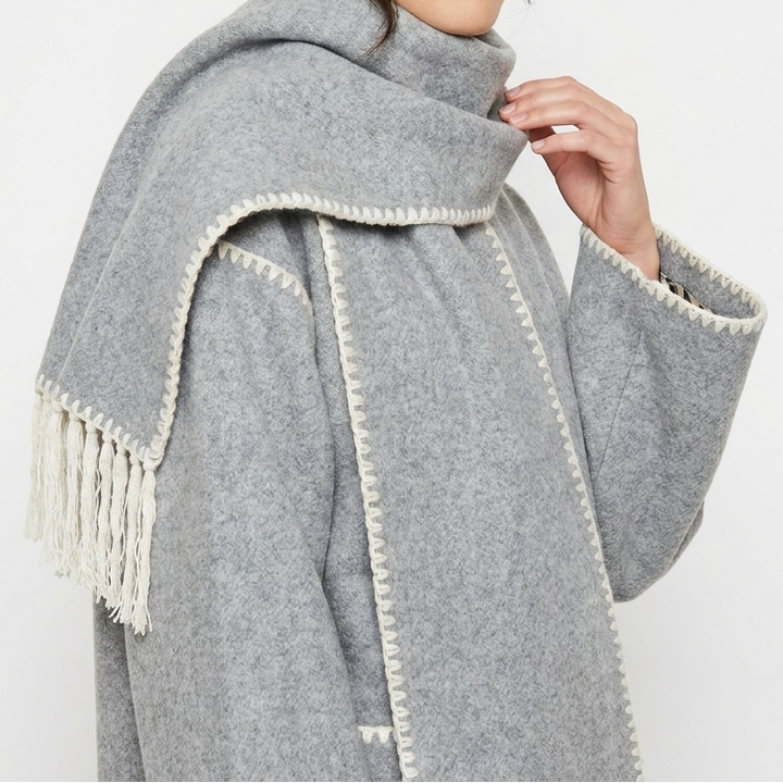 Women's Blanket Coat – Wool-Look Contrast Stitch Attached Scarf Tassel