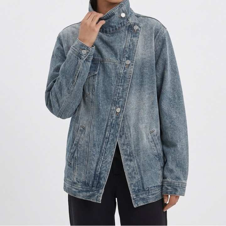 Women's Denim Jacket – Oversized Asymmetric Button Funnel Neck Washed