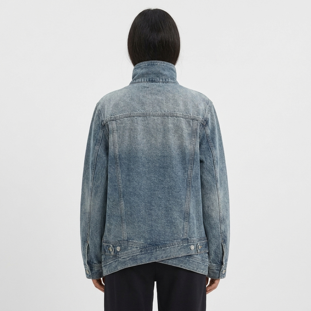 Women's Denim Jacket – Oversized Asymmetric Button Funnel Neck Washed