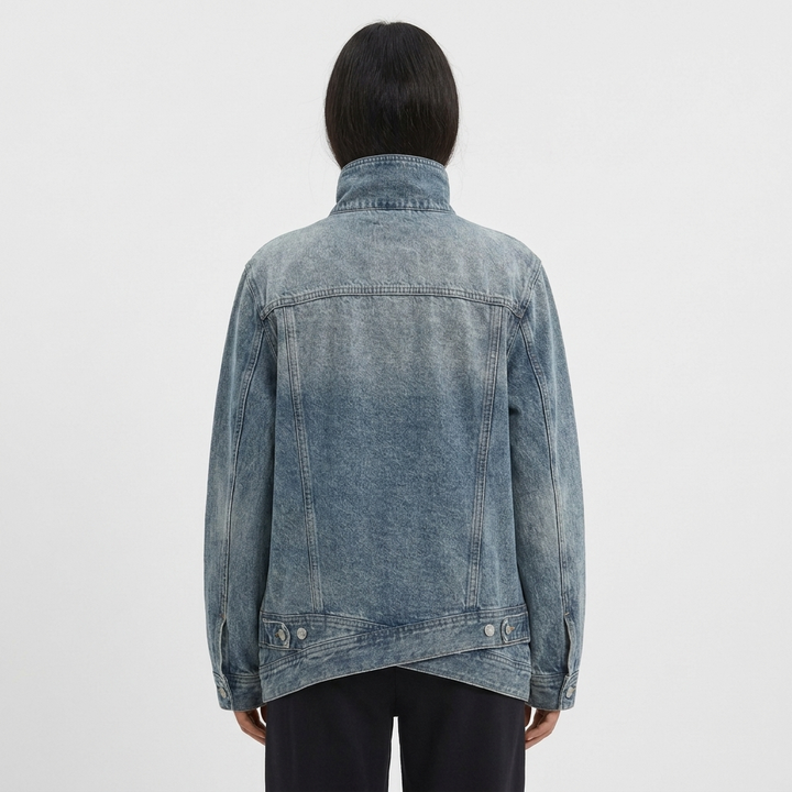 Women's Denim Jacket – Oversized Asymmetric Button Funnel Neck Washed