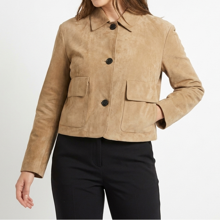 Women's Suede Chore Coat with Flap Pockets and Button Front