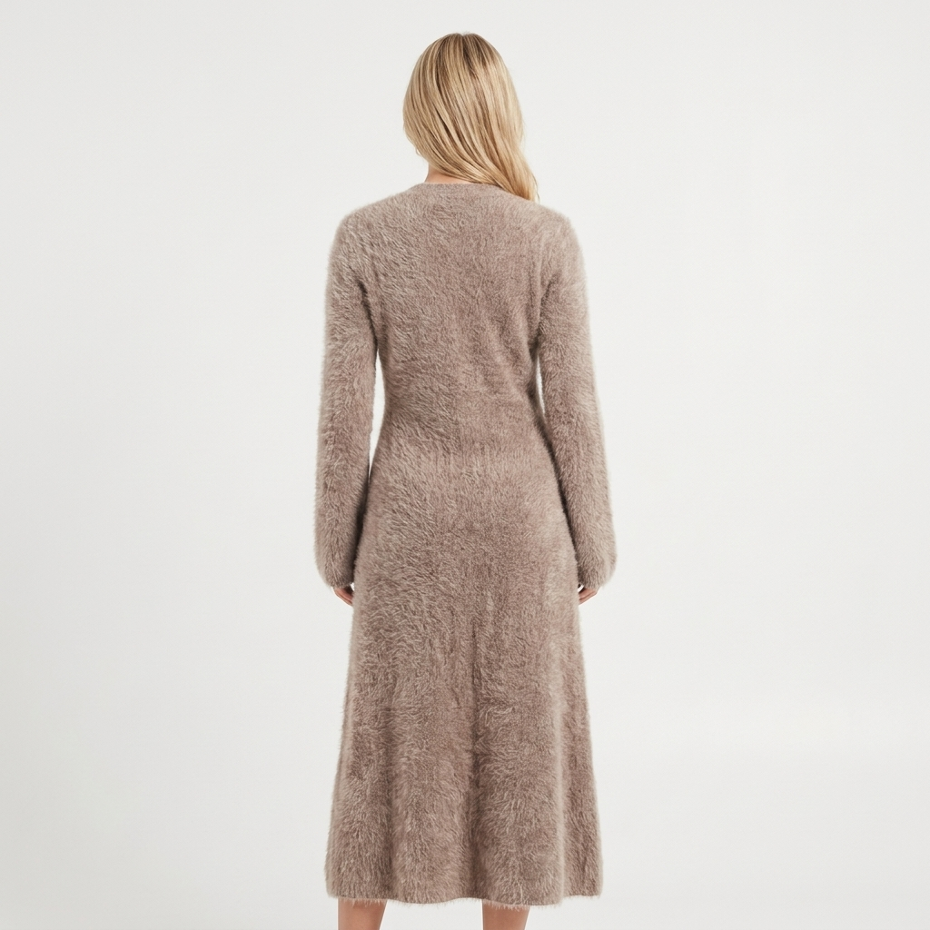 Women's Long Sleeve Midi Knit Fluffy V-Neck Dress