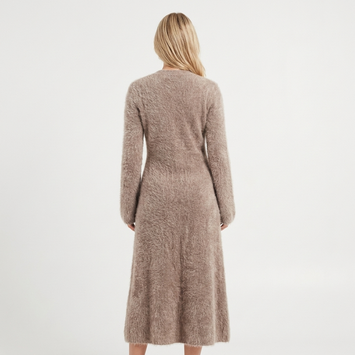 Women's Long Sleeve Midi Knit Fluffy V-Neck Dress