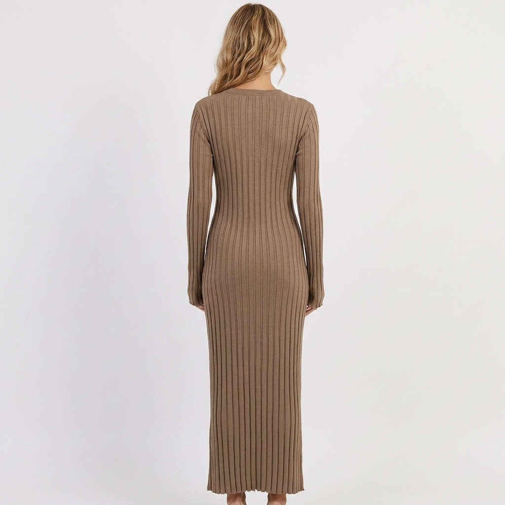 Women's Long Sleeve Ribbed Knit Pleated Maxi Dress