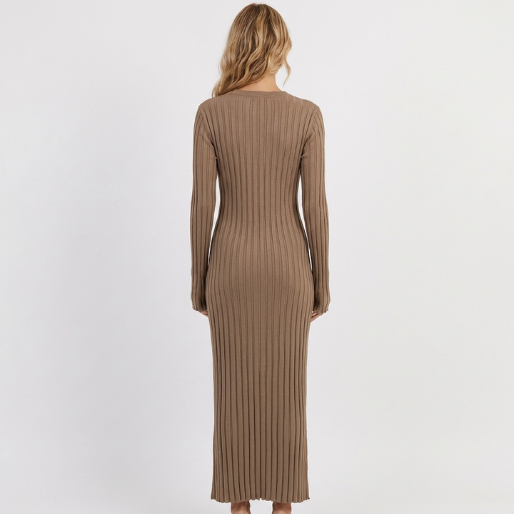 Women's Long Sleeve Ribbed Knit Pleated Maxi Dress