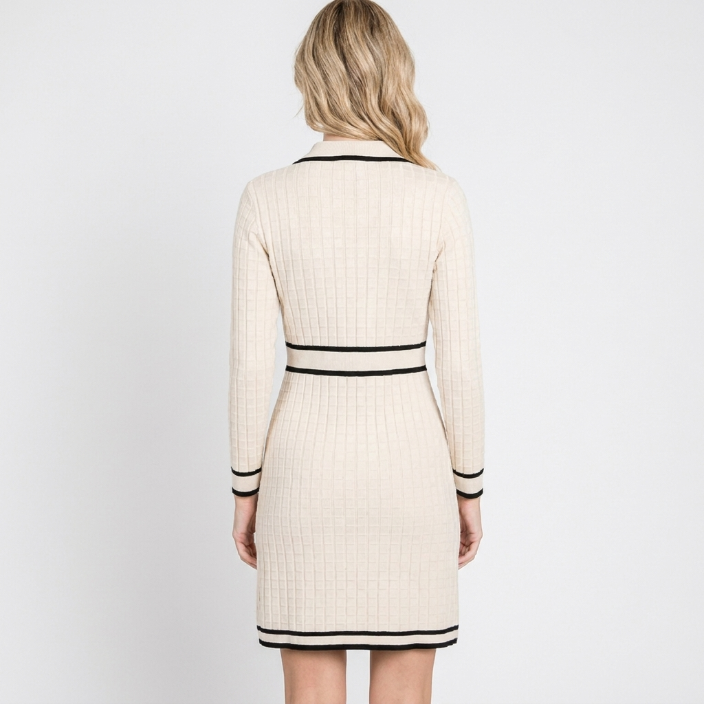 Women's Long Sleeve Contrast Trim Knit Mini Dress