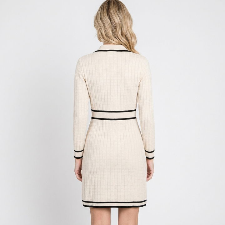 Women's Long Sleeve Contrast Trim Knit Mini Dress
