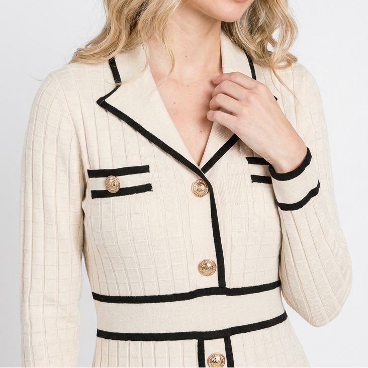 Women's Long Sleeve Contrast Trim Knit Mini Dress