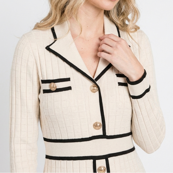 Women's Long Sleeve Contrast Trim Knit Mini Dress