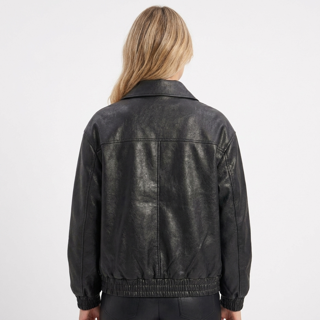 Women's Faux Leather Bomber Jacket with Point Collar