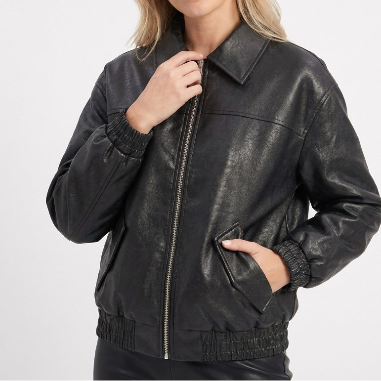 Women's Faux Leather Bomber Jacket with Point Collar