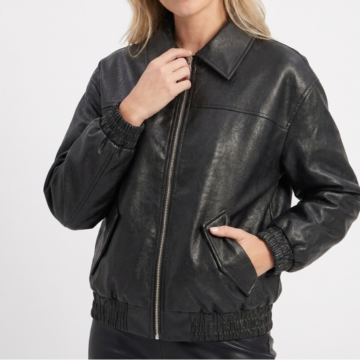 Women's Faux Leather Bomber Jacket with Point Collar