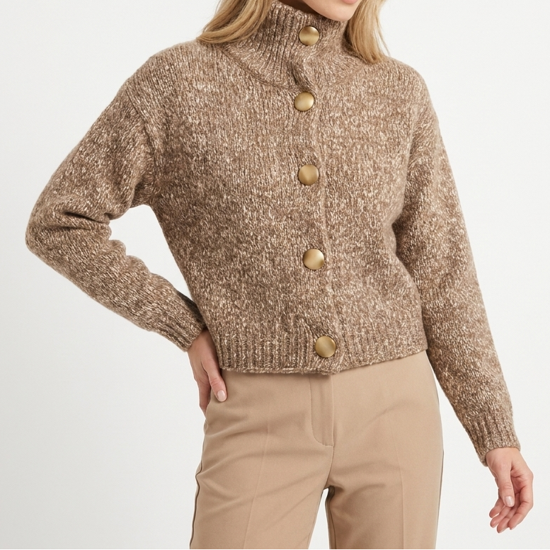 Women's Cropped Knit Cardigan with Funnel Neck