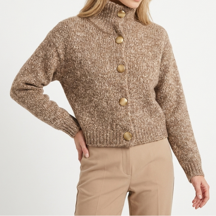 Women's Cropped Knit Cardigan with Funnel Neck