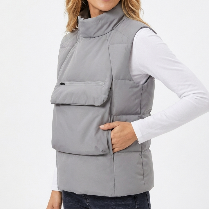Women's Quilted Sleeveless Puffer Vest with Stand Collar and Chest Pocket