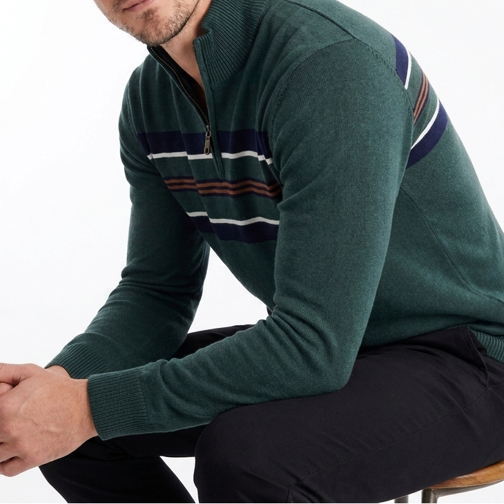 Men's Knit Stripe Quarter Zip with Ribbed Hem