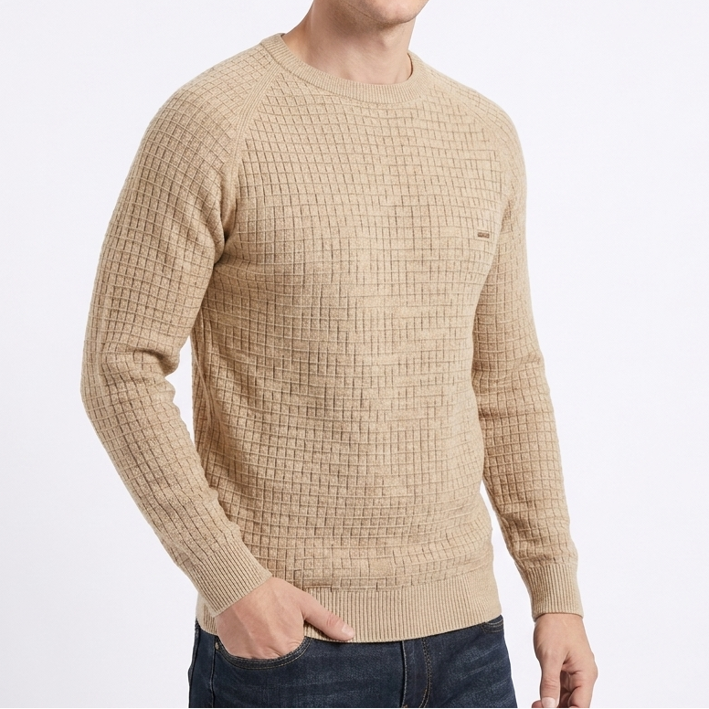 Men's Waffle Knit Jumper with Crew Neck and Raglan Sleeve