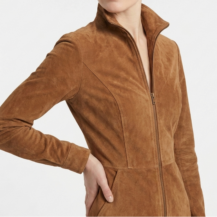 Women's Suede Long Sleeve Stand Collar Mini Dress