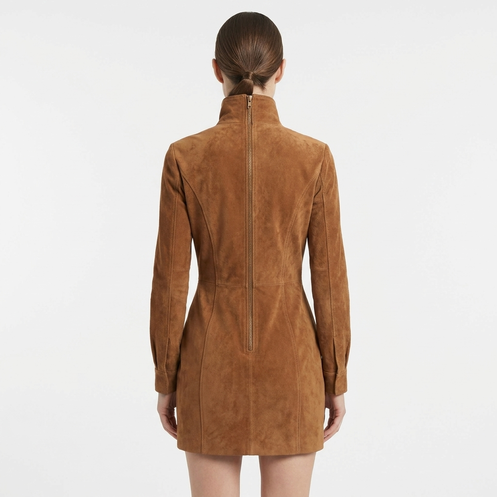 Women's Suede Long Sleeve Stand Collar Mini Dress