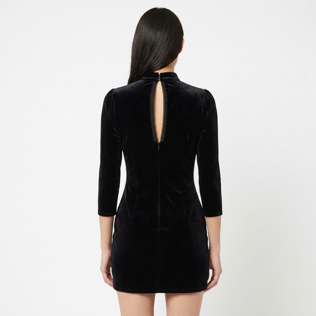 Women's Velvet V Neck Lace Bodycon Mini Dress