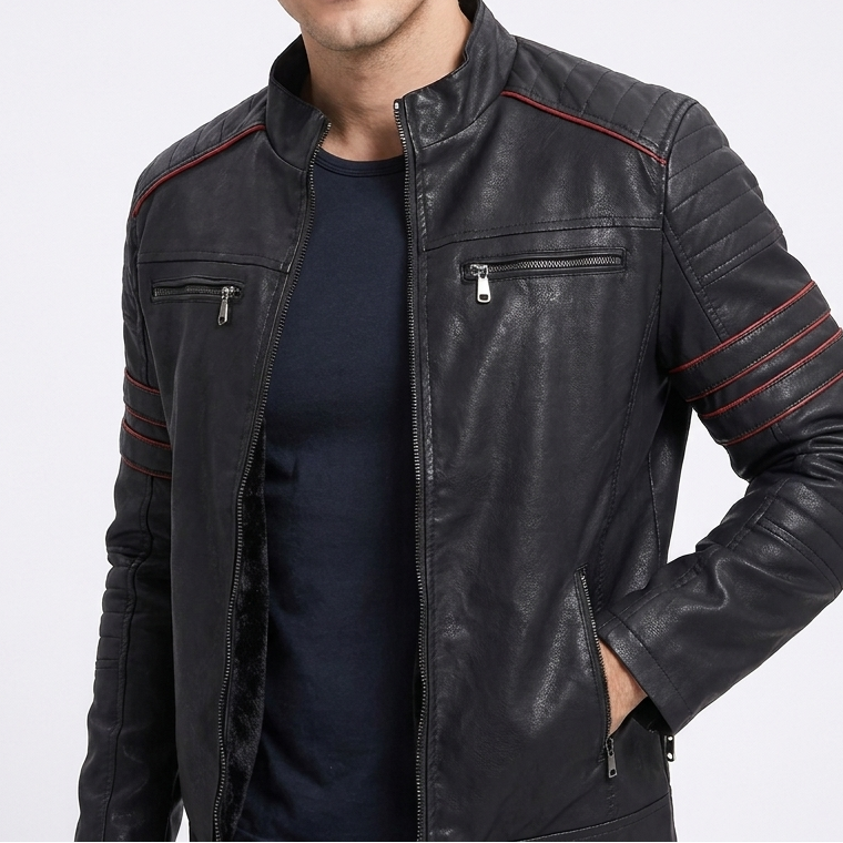 Men's Faux Leather Slim Fit Biker Coat with Pocket