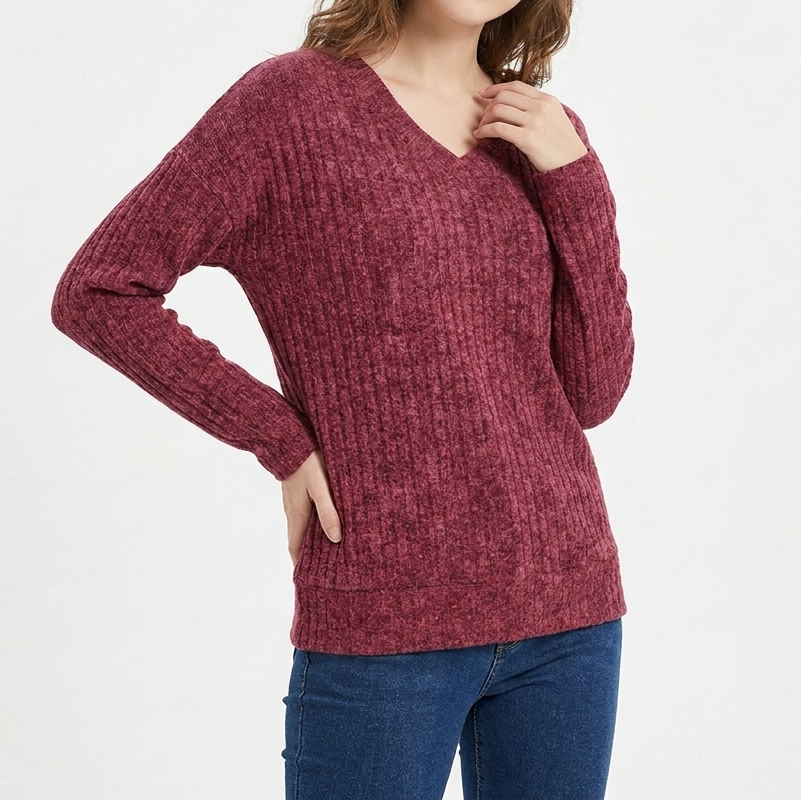 Women's Ribbed Knit Jumper with V-Neck