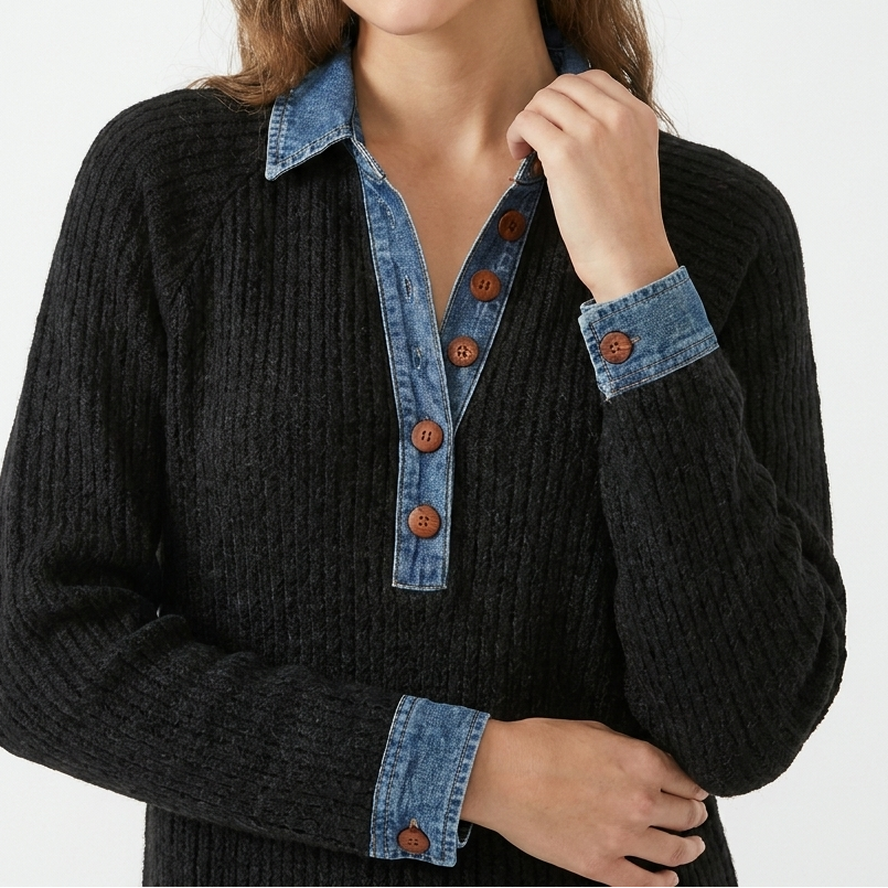 Women's Knit Button Placket Long Sleeve Mini Dress