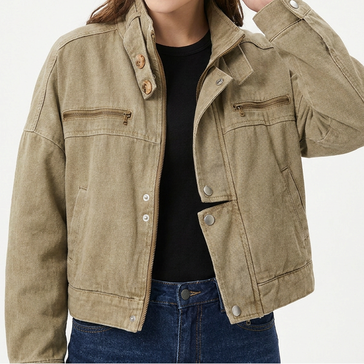Women's Cotton Cropped Utility Jacket with Stand Collar