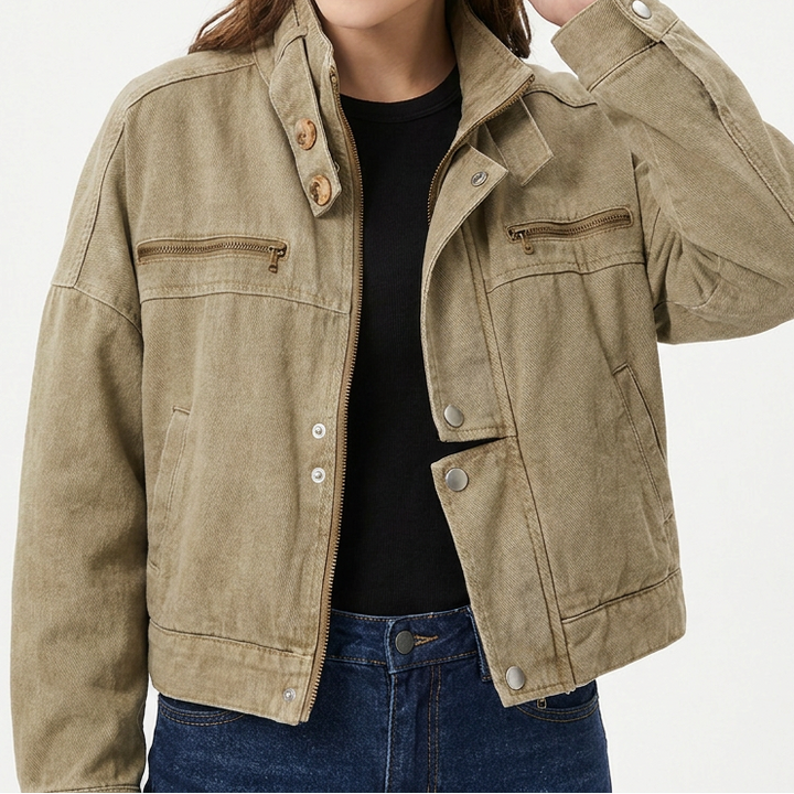 Women's Cotton Cropped Utility Jacket with Stand Collar