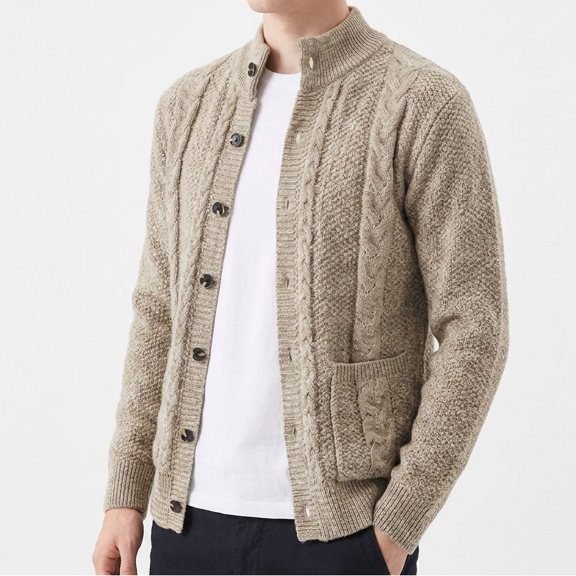 Men's Cable Knit Jumper with Stand Collar and Button Front