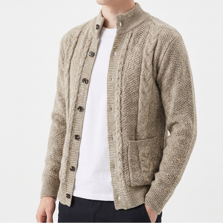 Men's Cable Knit Jumper with Stand Collar and Button Front