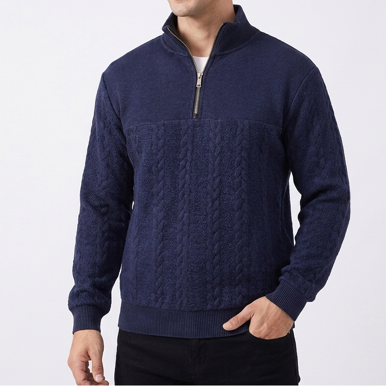 Men's Cable Knit Pullover with Stand Collar