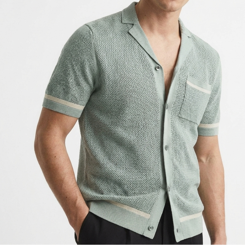 Men's Knit Short Sleeve Shirt with Button-Down and Cuban Collar