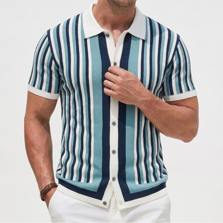 Men's Striped Knit Short-Sleeve Polo Shirt