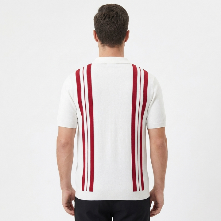 Men's Stripe Knit Short Sleeve Button-Down Polo Shirt