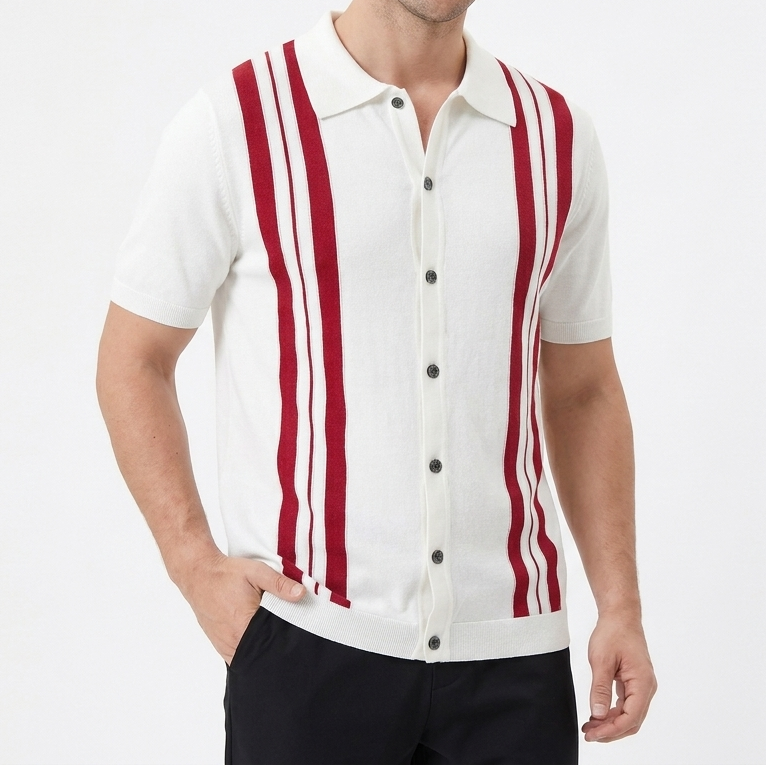 Men's Stripe Knit Short Sleeve Button-Down Polo Shirt