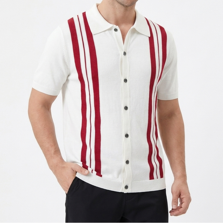 Men's Stripe Knit Short Sleeve Button-Down Polo Shirt