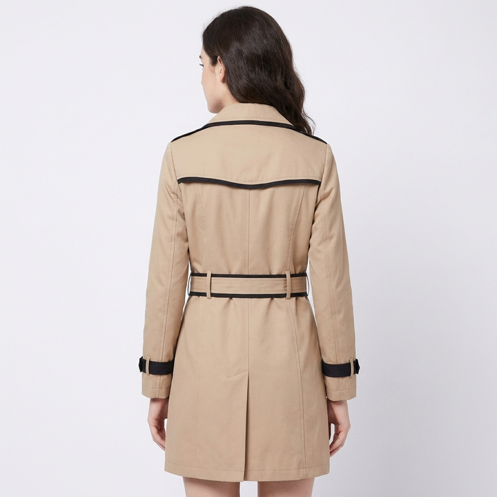 Women's Double Breasted Belted Trench Coat with Contrast Trim