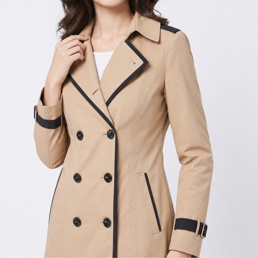 Women's Double Breasted Belted Trench Coat with Contrast Trim