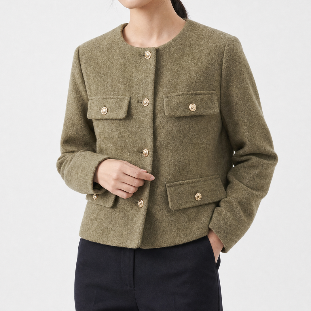 Women's Cropped Wool Blend Coat with Gold Button