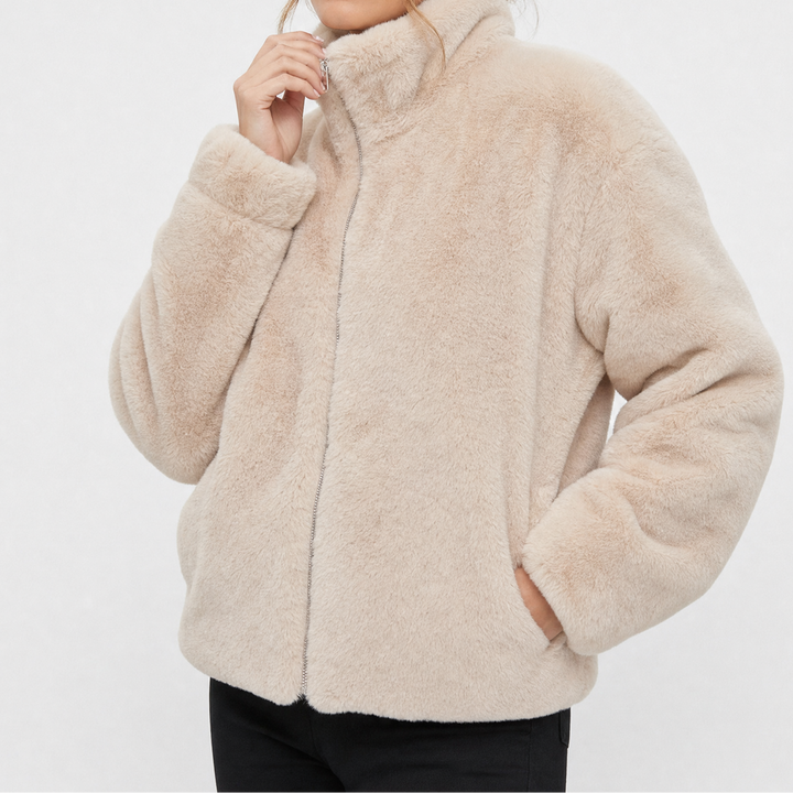 Women's Faux Fur Cropped Coat with Stand Collar