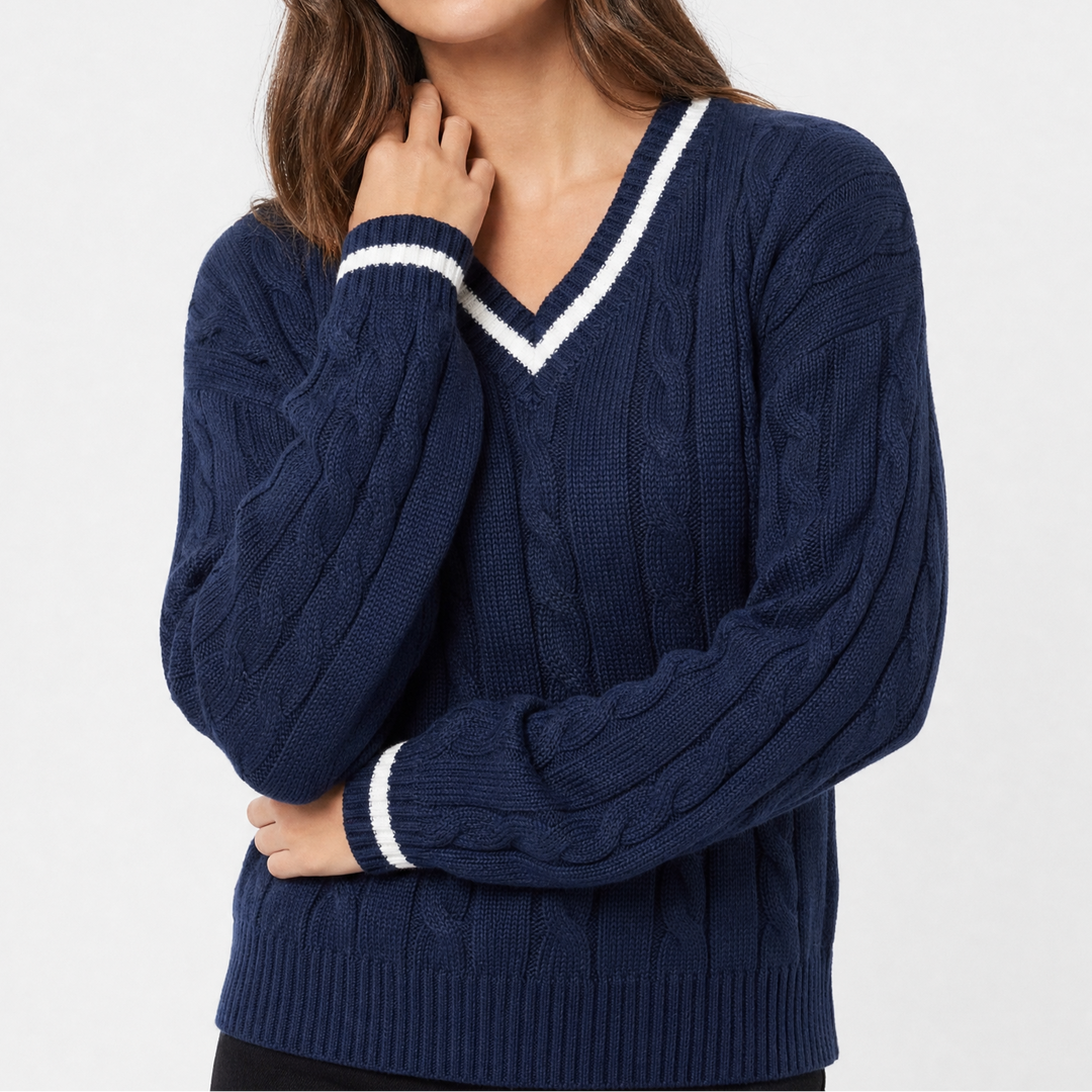Women's Cable Knit Stripe Cricket Pullover with V-Neck