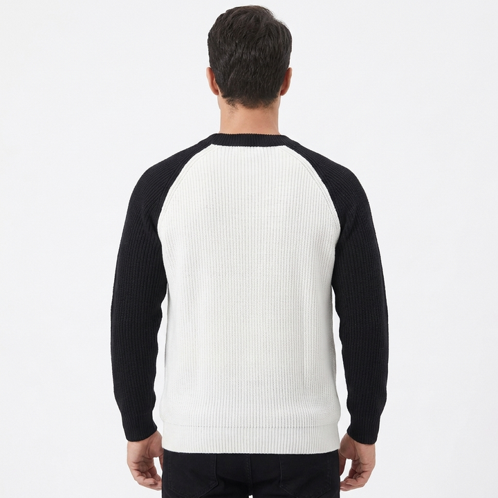 Men's Ribbed Knit Pullover with Raglan Sleeve and Crew Neck